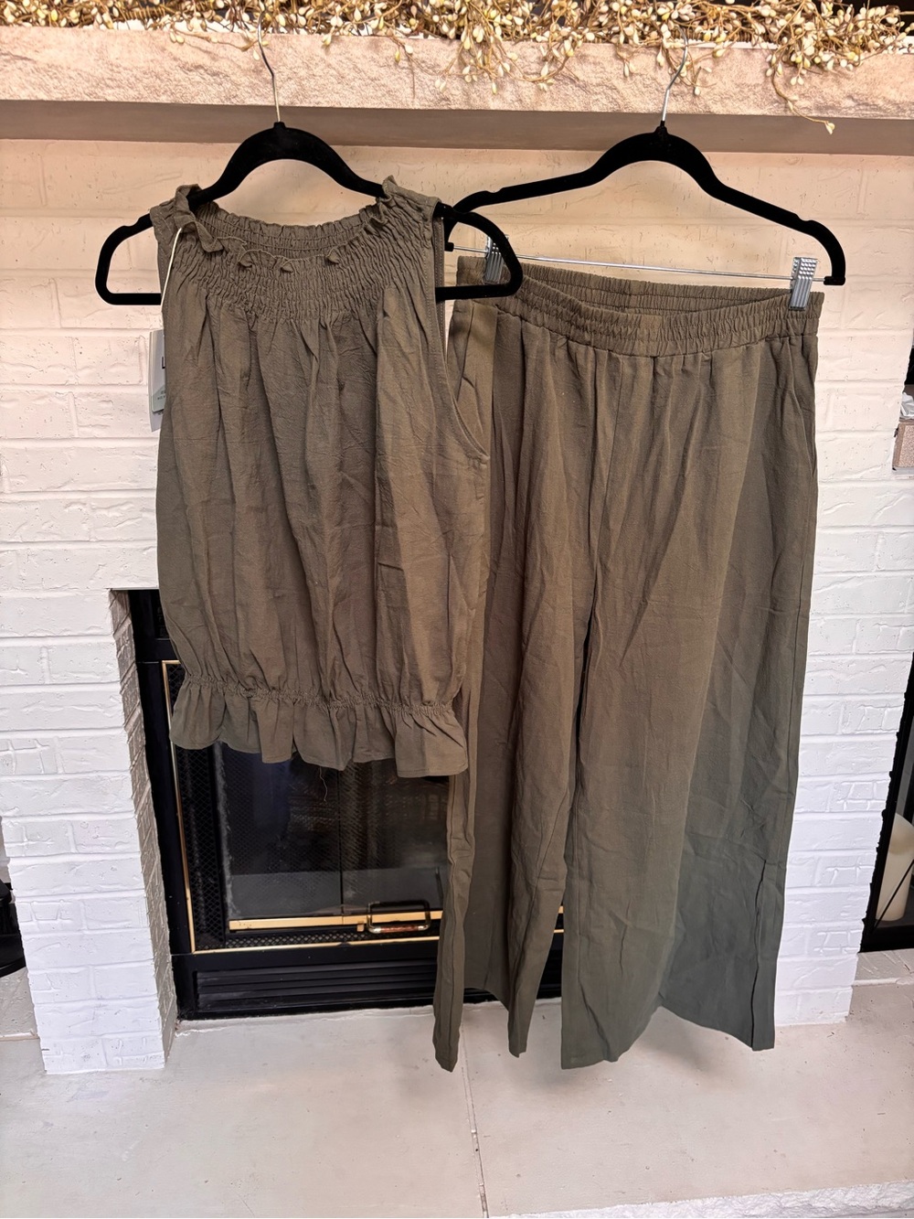 Olive Green Smocked Neck Tank and Wide-Leg Pants Set